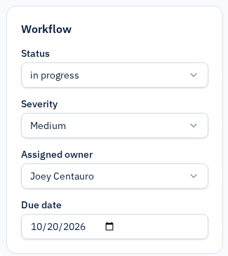 Close-up from the real issue screen: status in progress, assigned owner Joey Centauro, due date October 20, 2026