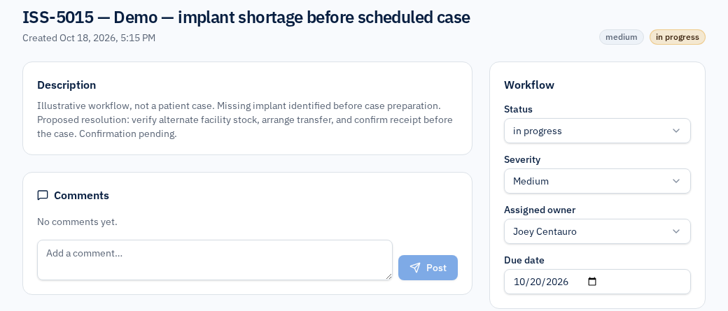 Actual Medical Supply Check shortage workflow: missing implant, assigned owner Joey Centauro, October 20 due date, in-progress status and confirmation pending