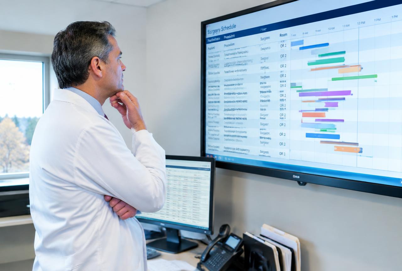 Operating room director reviewing the day's surgery schedule on a large display