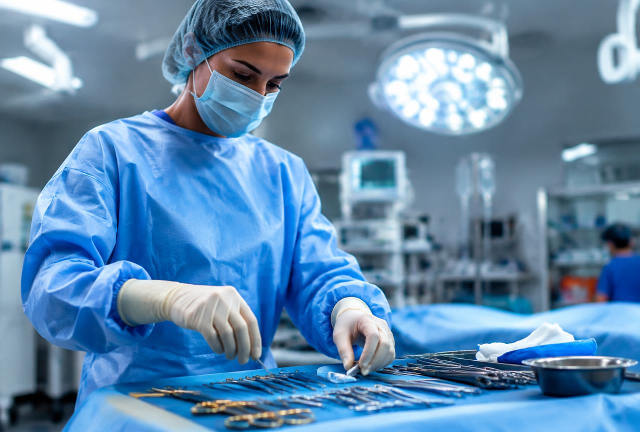Operating room nurse preparing surgical instruments before a procedure