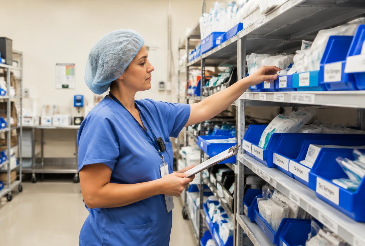 Supply chain staff member checking labeled surgical supply bins in a hospital storage room