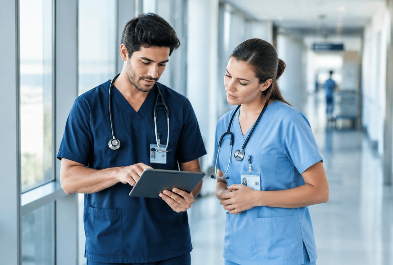 Clinicians reviewing procedure readiness together on a tablet